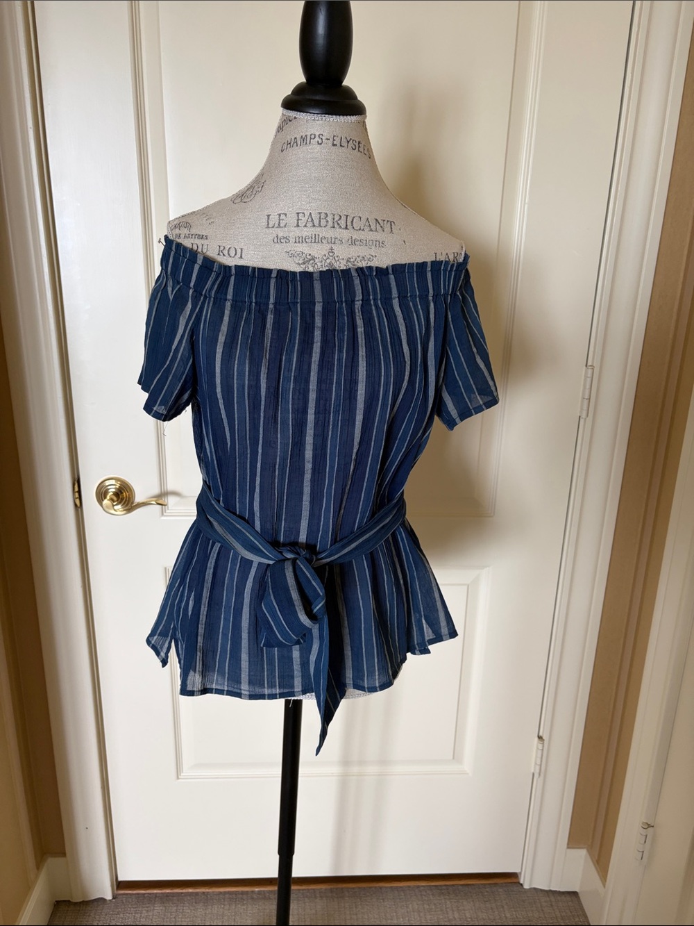Worth New York Off-Shoulder Navy Striped Peplum Top with Waist Tie